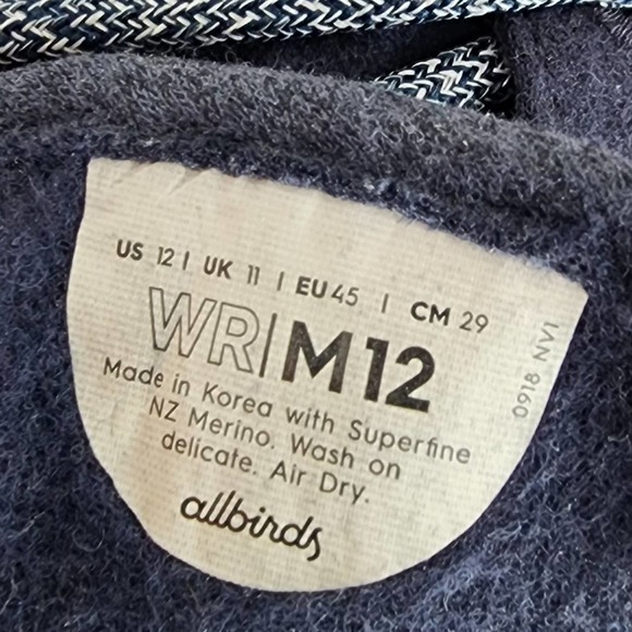 Allbirds Mens Wool Runners. Navy. 0918 NV1. Removable Insole. Washable.  EUC 12 - Picture 9 of 10